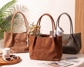 Custom Name Suede Tote Bag | Personalized Embroidered Shoulder Bag | Bridesmaid Proposal Gift Bag | Vintage Monogram Purse Gift for Sister
