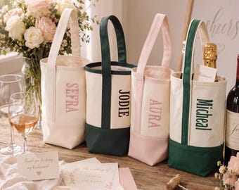 Personalized Canvas Wine Tote Bag with Name, Custom Single/Double Bottle Wine Carrier, Monogrammed Wine Gift Bag for Wedding, Picnic, Party