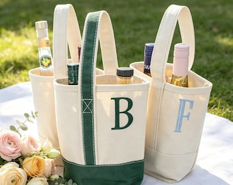 Personalized Embroidered Wine Tote Bag, Custom Name Wine Carrier, Bridesmaid Wine Bag, Monogrammed Canvas Wine Bottle Bag, Hostess Gift SJ05