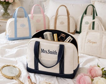 Reise-Kulturbeutel aus Canvas mit Monogramm, Kosmetiktasche mit individueller Namensstickerei, Geschenktasche für Brautjungfern, personalisierte Kosmetikhandtasche, Gastgeschenk
