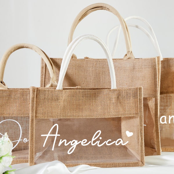 Gepersonaliseerde jute geschenkzakken, aangepaste jute tas, Tote geschenkzakken, bruidsmeisje voorstel geschenk, aangepaste Jute Tote tassen, strandtas Bachelorette