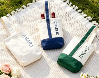 Monogram Wine Tote Bag, Custom Embroidered Canvas Wine Bag, Personalized Wine Carrier, Bridal Party Gift, Custom Name Wine Bag SJ2605