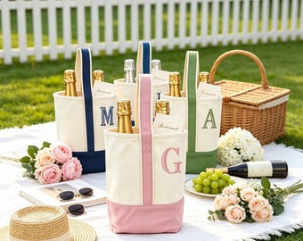 Bridesmaid Wine Tote, Custom Embroidered Initial Canvas Wine Bag, Maid of Honor Gift, Wedding Champagne Bottle Carrier, Bridal Party Gift