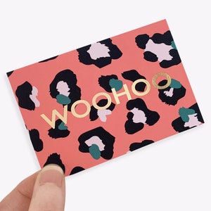 Mini Animal Print &#39;Woohoo&#39; Card with Envelope - Gold Foil -Larka Jewellery - Mother&#39;s Day - Gift