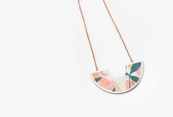 Floral Print Pendant Necklace - Abstract - Laser cut - Acrylic - Walnut - Blush - Coral - Green