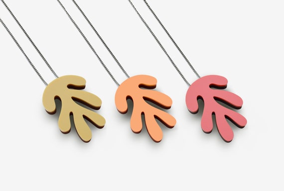 Abstract Matt Acrylic Pendant with Silver, Rose Gold or Steel Chain - Necklace - Laser cut - Acrylic - Walnut - Minimal - Matisse