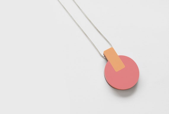 Coral & Orange Abstract Circle Pendant Necklace - Laser cut - Acrylic - Walnut - Minimal