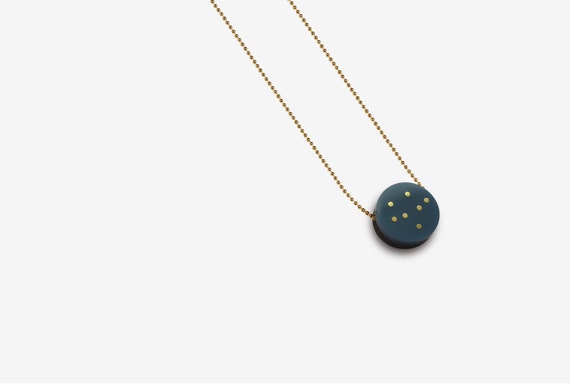 Navy Acrylic Pendant with Brass or Silver Inlay Dots and Ball Chain - Delicate - Valentines Gift - Walnut - Womens Gift - Round