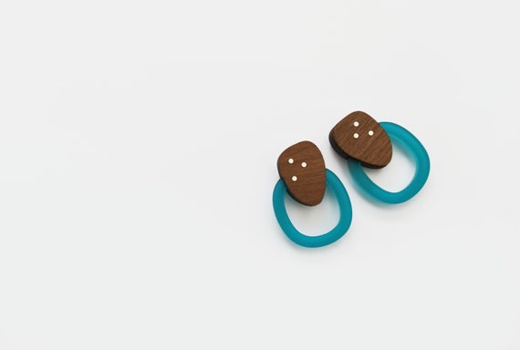 Teal Acrylic and Walnut Stud Earrings with Silver or Brass Dot Inlay - Handcrafted - Modern - Minimal - - Sparkle
