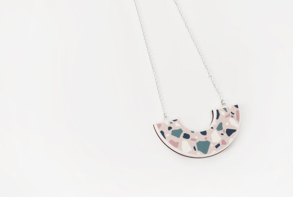 Blush Pink Terrazzo Print Arc Pendant Necklace - Handmade - Laser cut - Acrylic - Walnut - Teal - Blue - Minimal
