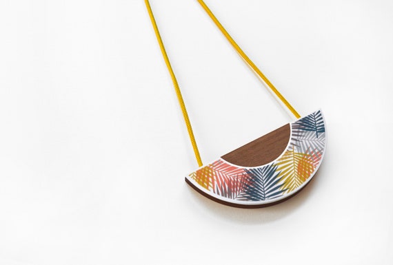 Fern Print Statement Pendant Necklace with Yellow Cord - Laser cut - Adjustable - Acrylic - Walnut - Orange - Blush - Blue - Rose Gold