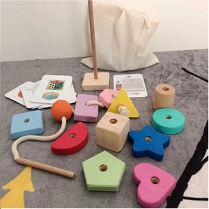 Montessori houten babyspeelgoed, geheime tas en draad geometrische vormen educatief kaartspel, biologisch Montessori babyspeelgoed, Montessori babyspeelgoed