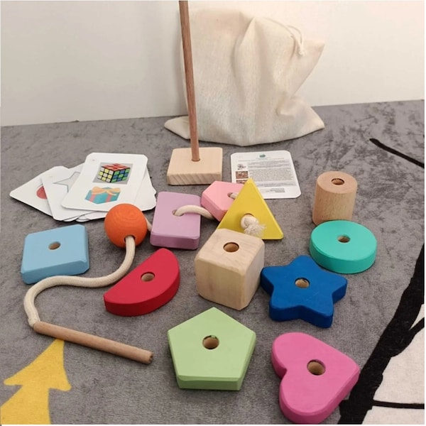 Montessori Wooden Baby Toys, Secret Bag and Thread Geometric Shapes Educational Card Game, Organic Montessori Baby Toy, Montessori Baby Toys