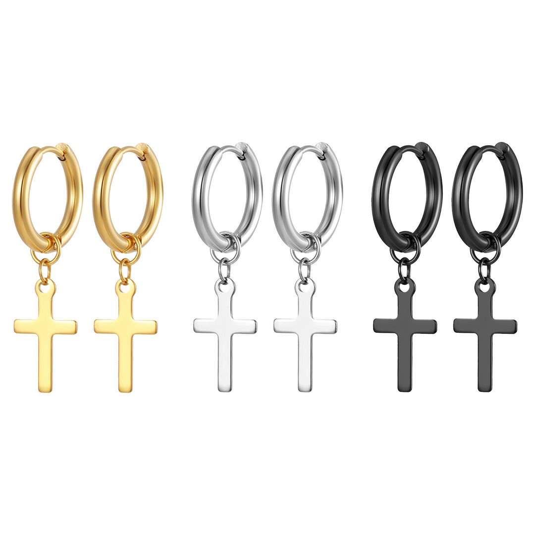 Cross Earrings Dangle Hinged Stainless Steel Hoop for Men and Women Silver Gold Black - Etsy