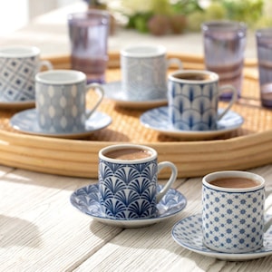 Espresso Ceramic Cups Face Pattern 6 oz Set Of 2 NEW