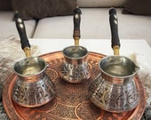 3x Turkish Copper Coffee Pot With Walnut Wooden Handle, Traditional Handmade Copper Cezve, 100 Grams Of Coffee As A Gift