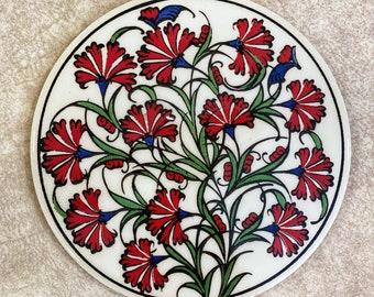 Blue & Red 7" Turkish Iznik Swirling Tulip Pattern Ceramic Hot Plate Trivet Tile 