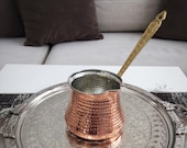 Turkish Copper Coffee Pot With Brass Handle, Traditional Handmade Copper Cezve, 100 Grams Of Coffee As A Gift