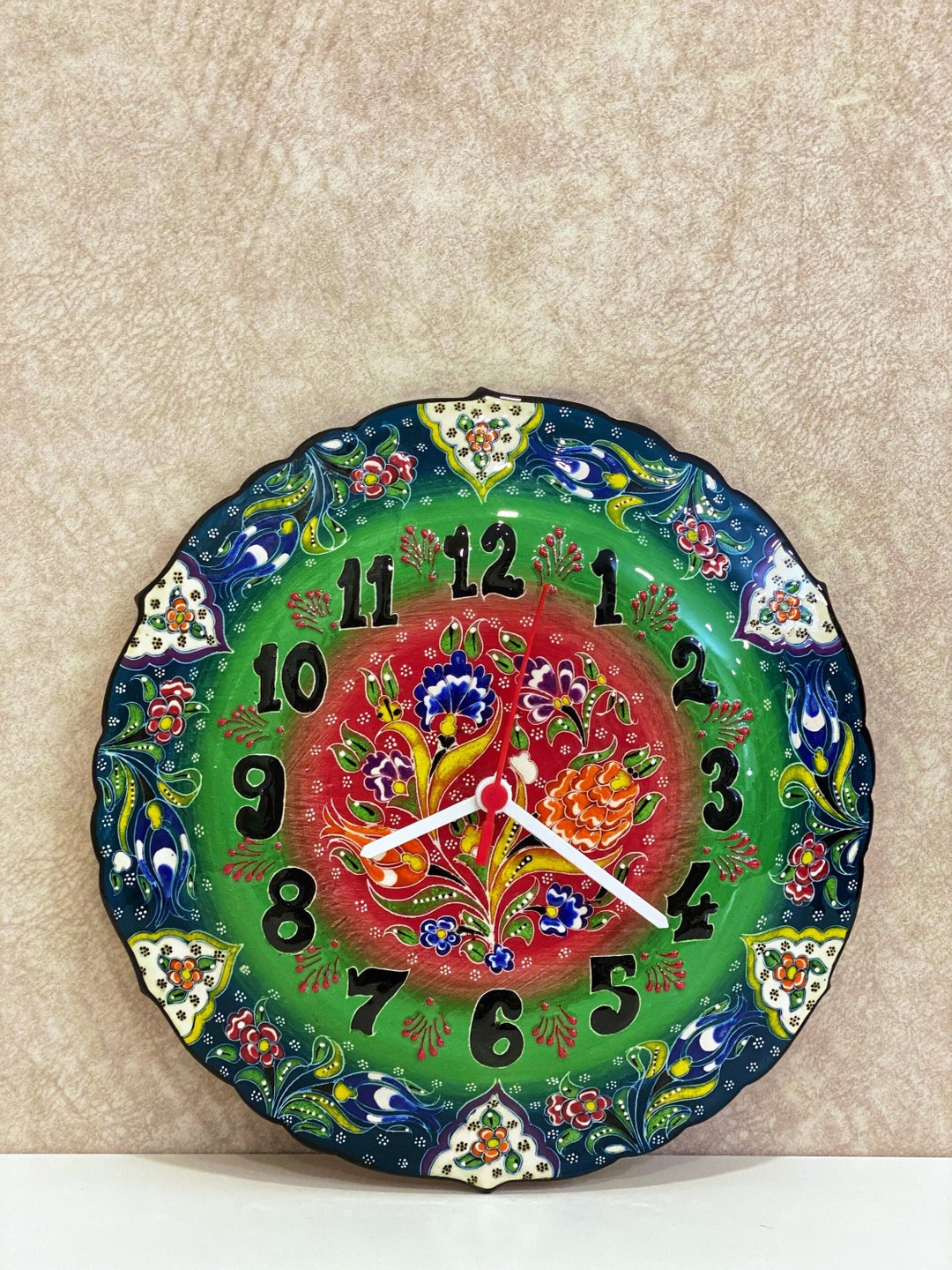 12'' Handmade Ceramic Wall Clock, Decorative Ceramic Plate Clock