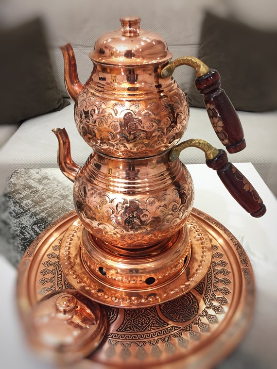 Handmade Turkish Double Boiler Tin Plated Copper Teapot