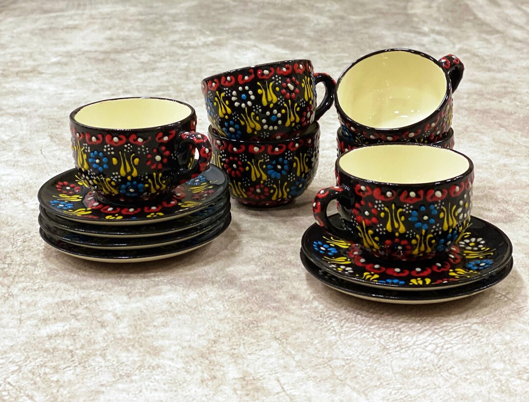 6x Ceramic Espresso Cups and Saucers Set, Handmade Turkish Coffee Cup ...