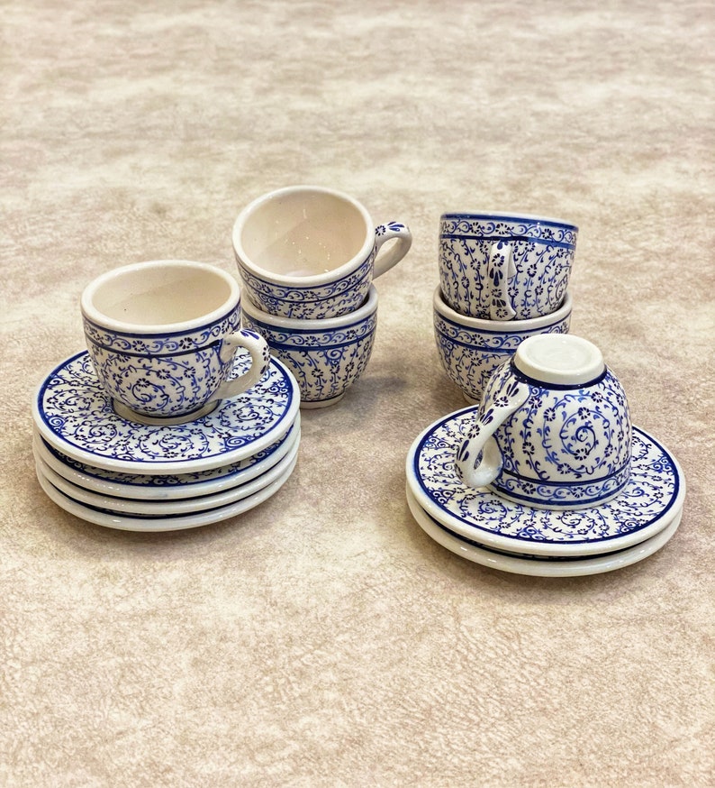 6x Handmade Turkish Ceramic Coffee Cups And Saucers Set, Turkish Coffee Set, Macchiato Cup, Pottery Espresso Cup Set