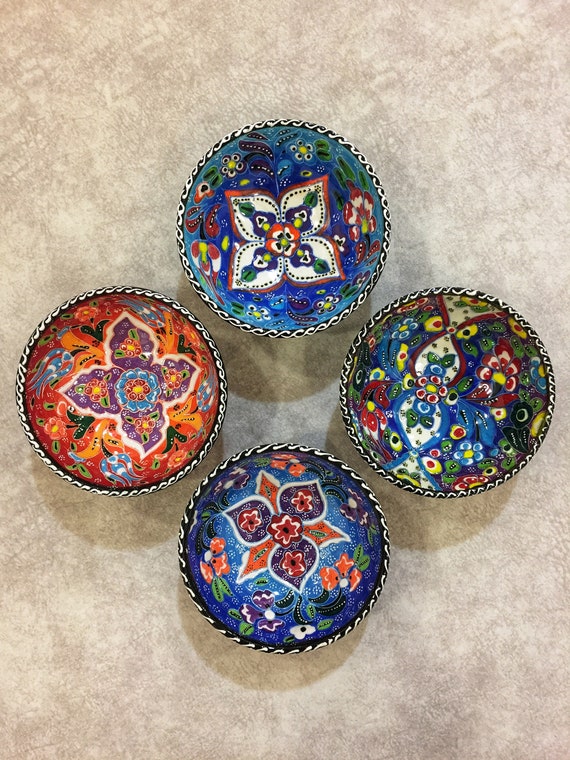 IstanbulArtWorkshop 4x Decorative Ceramic Bowl Set,Handmade Turkish Ceramic,Small Ceramic Serving Bowl Set,Salad Bowl Set,Tapas Bowls,Snack Bowl Set,Salad Bowl 10 Cm 3.9