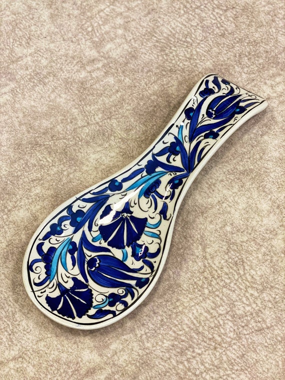 Spoon Rest Turkish Pottery Ceramic Kitchen Blue White Floral Flower NEW 