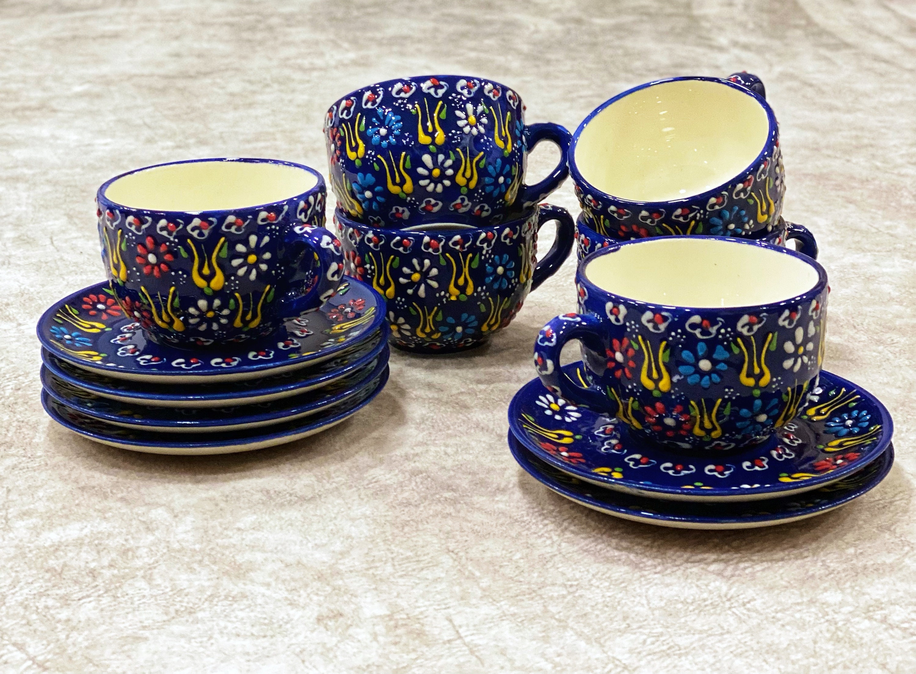  TRSPCWR Juego de 6 tazas de café expreso, juego de tazas de té  de café de cerámica de 2.5 onzas con soporte y servicio de platillo, taza  de café turco para