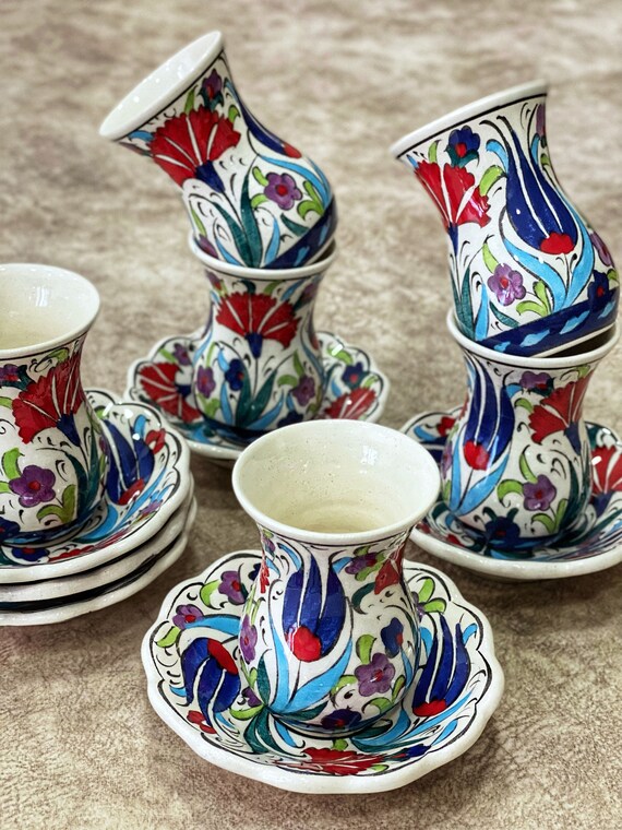 Turkish Coffee Cup Set - Turkish Coffee Cups Set of 6 with  Saucers and Cup Holder for Home Office, Ceramic Keeps Coffee Warm,  Dishwasher-safe, Create happy times with the patterned