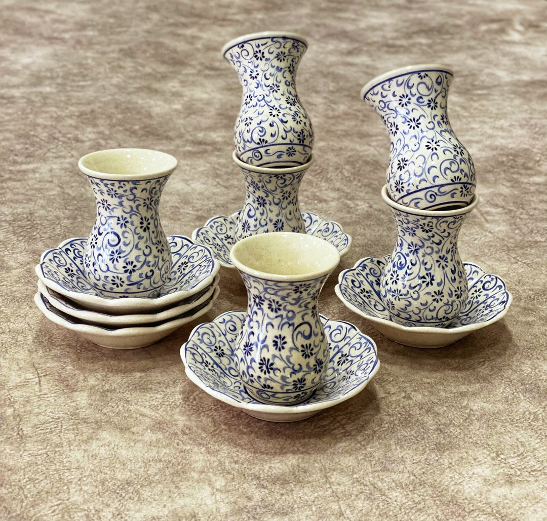 6x Turkish Ceramic Tea Cup Set, Ceramic Tea Cups With Saucers of Six
