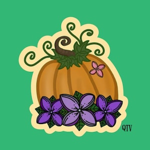 Floral Pumpkin Sticker, Fall Sticker, Purple Flowers Sticker, Seasonal Art, Whimsical Stickers, Cute Pumpkin Sticker, Pretty Flower Stickers