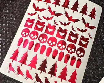 Spooky Christmas Vinyl Sticker Sheet: Holographic Bats, Skulls, Trees, Holiday Ornament Stickers, Holiday Stencils, Halloween Gift Packaging