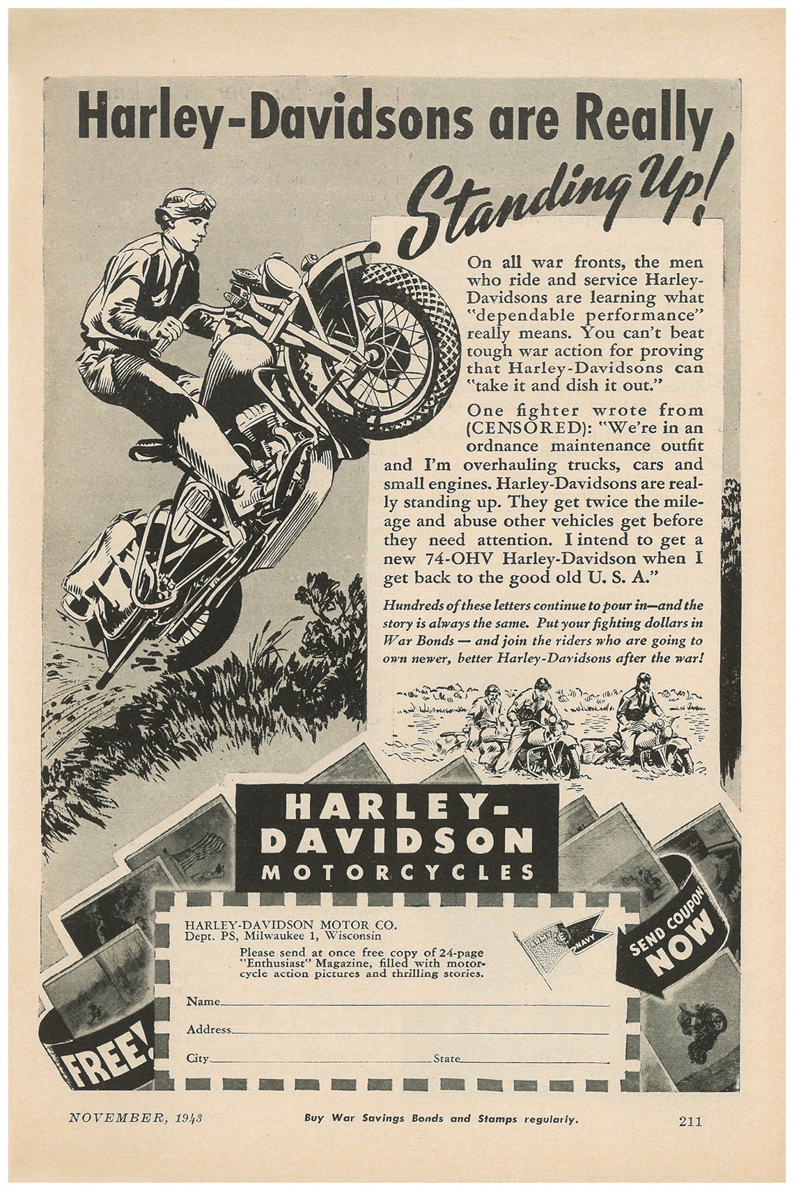 Vintage Harley Davidson poster 1943 Etsy