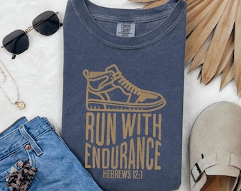 Christian Shirt, Hebrews 12:1 Bible Verse Shirt, Run with Endurance Front & Back Unisex Faith Shirt Comfort Colors Tee, Christian Gift