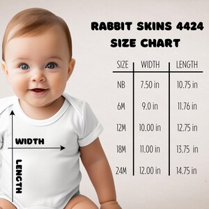 May include: Size chart for baby clothes, showing width and length measurements in inches for sizes NB, 6M, 12M, 18M, and 24M.