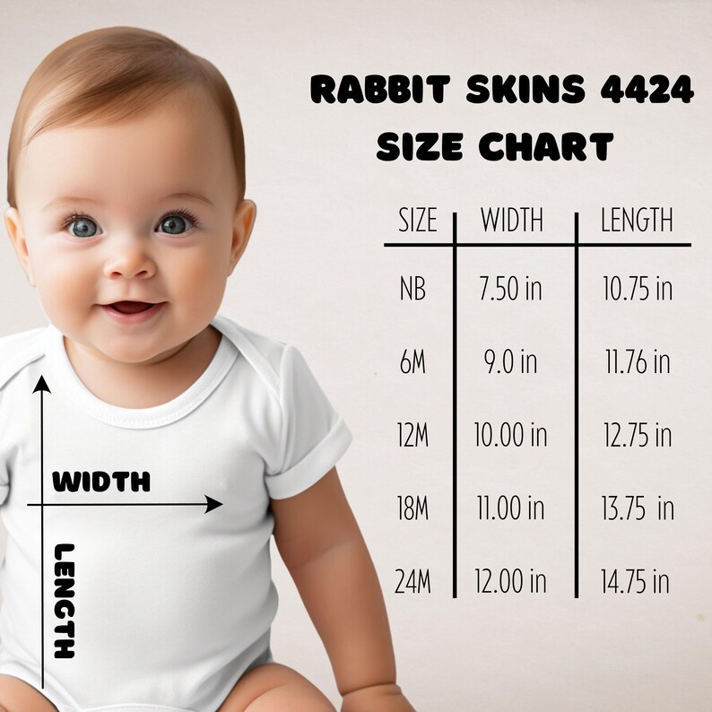 May include: Size chart for baby clothes, showing width and length measurements in inches for sizes NB, 6M, 12M, 18M, and 24M.