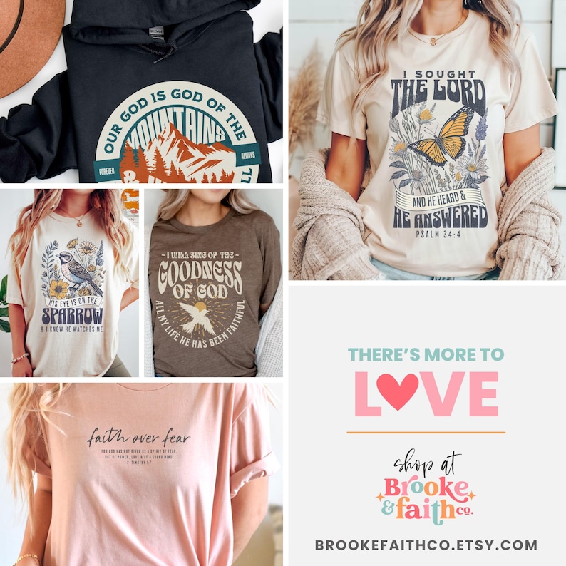 May include: A collection of five t-shirts with different Christian-themed designs. The designs include mountains, a sparrow, a dove, a butterfly, and a heart. The text on the shirts includes "Our God is God of the Mountains", "His eye is on the sparrow", "I will sing of the goodness of God", "I sought the Lord and he heard and he answered", and "There's more to love".