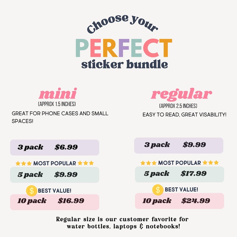 May include: A promotional graphic for sticker bundles, featuring "mini" and "regular" sizes. The "mini" stickers are approximately 1.5 inches, ideal for phone cases. The "regular" stickers are approximately 2.5 inches. Pricing for 3, 5, and 10 packs is displayed.