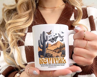 Christelijke koffiemok met opwekkingsthema, Bijbelvers Jeremia 24:7, keramische mok met retro woestijncactus.