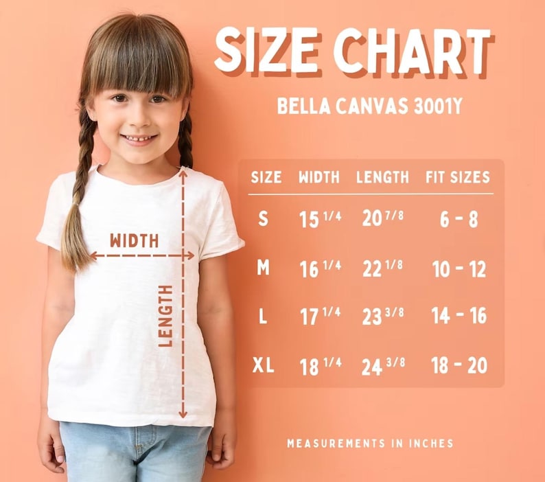 Puede incluir: Tabla de tallas para camisetas Bella Canvas 3001Y, que muestra las medidas de ancho y largo en pulgadas para las tallas S, M, L y XL. La tabla tambi&eacute;n incluye las tallas de ajuste correspondientes para cada talla.