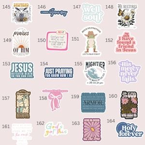 May include: A collection of colorful stickers with various Christian-themed designs. The stickers feature phrases like "Jesus," "God is Good," and "Holy Forever." Some stickers have floral and animal illustrations.