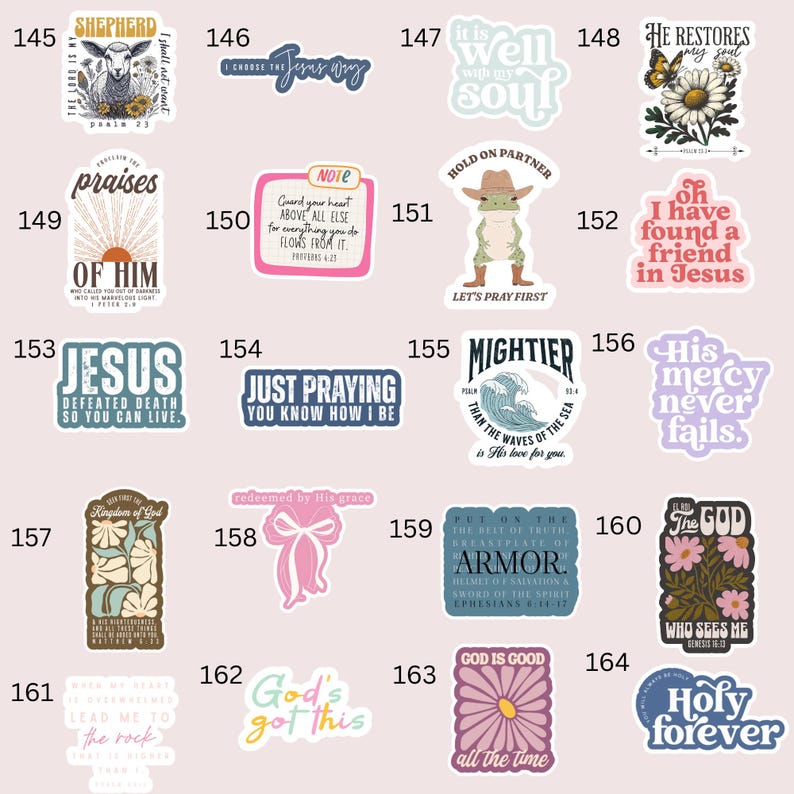 May include: A collection of colorful stickers with various Christian-themed designs. The stickers feature phrases like "Jesus," "God is Good," and "Holy Forever." Some stickers have floral and animal illustrations.
