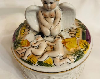 Vintage Porcelain Cherub Trinket Box