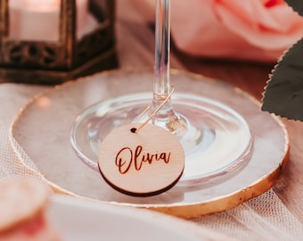 Circle Gold Wine Glass Silver Wooden Charms For Bridal Party, Silver Wooden Wedding Gold Wine Glass Charm Seating Chart Place Cards