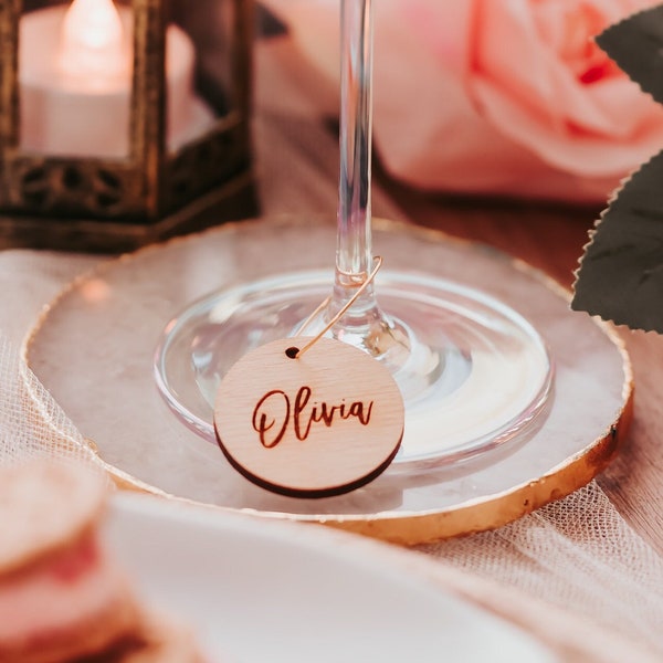 Circle Gold Wine Glass Silver Wooden Charms For Bridal Party, Silver Wooden Wedding Gold Wine Glass Charm Seating Chart Place Cards