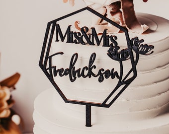 Custom Name Personalized Heptagon Wooden Western Wedding Cake Topper Rustic Gold Silver Rose Gold Black Anniversary Name Geometric Topper