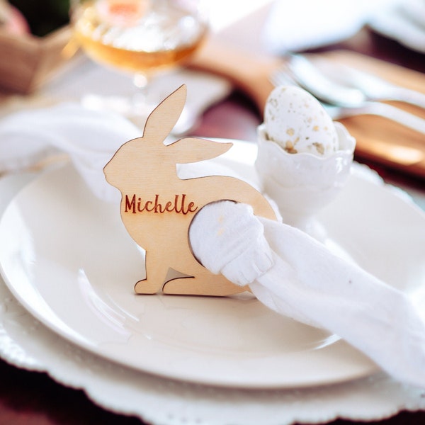 Personalized Bunny Shaped Napkin Holder Place Card Combo For Easter Dinner, Custom Holiday Name Place Holder Card Napkin Ring For Holiday