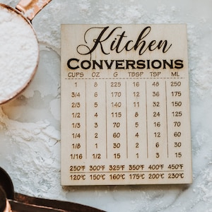 Kitchen Conversion Chart Wooden Fridge Magnet, Wood Engraved Kitchen Decor 4&quot; Measurement Chart