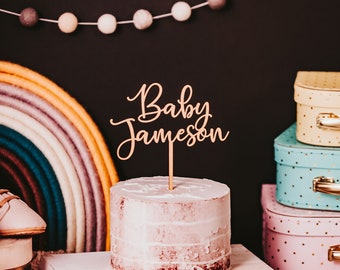 Custom First Name Baby Shower Wooden Cake Topper Unfinished Gold Silver Black Rose Gold Rainbow Baby Baby Shower Decor Baby Boy Baby Girl